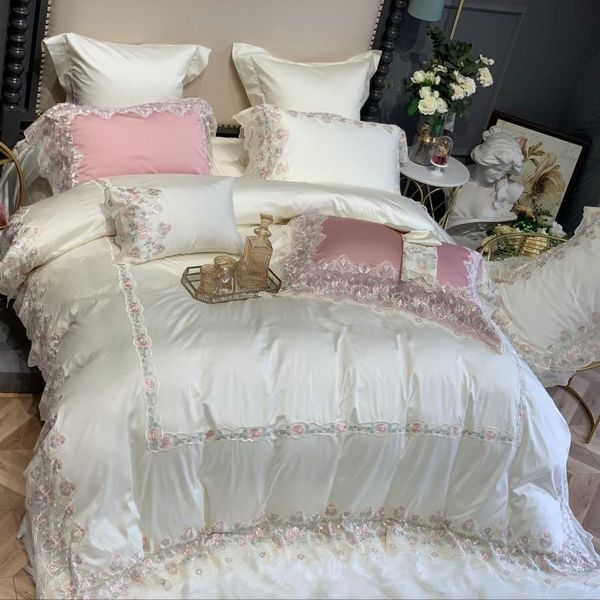 

2021 luxury 600tc egypt cotton bedding set lace embroidery duvet cover flat sheet pillowcases  king size 4/6/7pcs