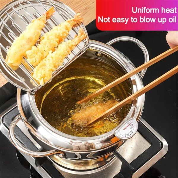

pans stainless steel kitchen tempura fryer pan japanese deep frying pot with a and lid fried chicken cooking tools