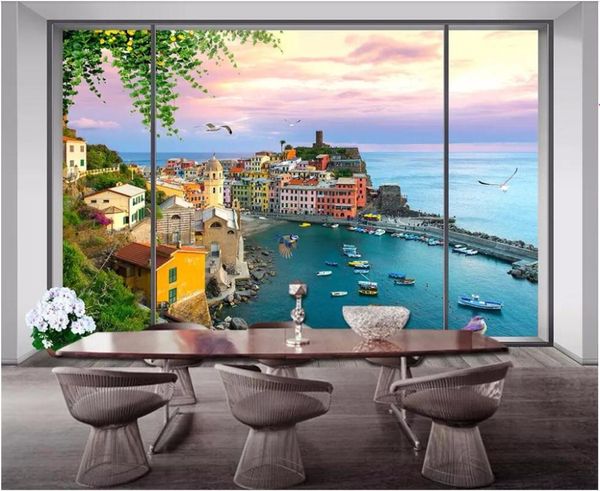 

wallpapers custom po wallpaper 3d windows seaside buildings boats landscape background wall murals for living room