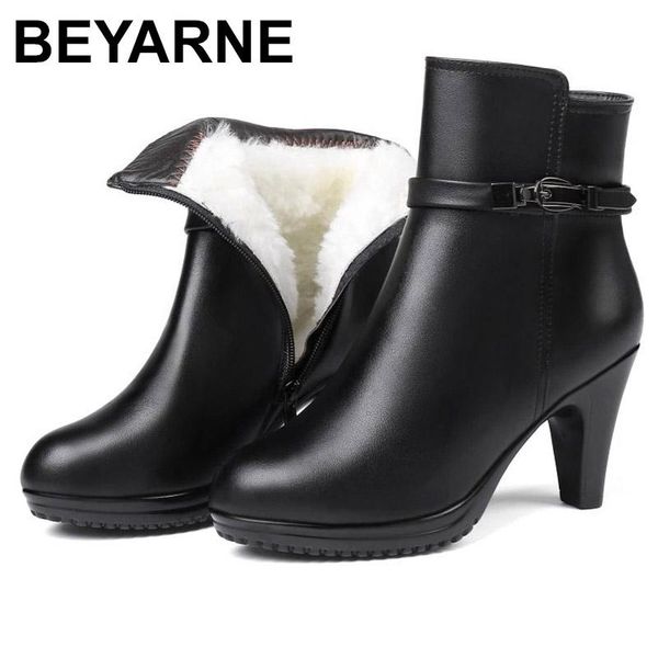 

boots beyaromen ankle 2021 genuine leather women winter wool warm martn high-heeled snow, Black