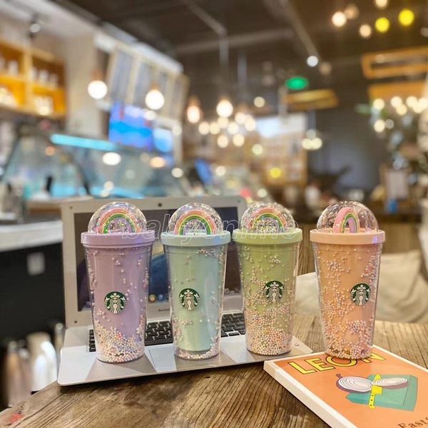 

dhl 450ml cute rainbow starbucks cup double plastic with straws pet material for kids girlfirend for gift products