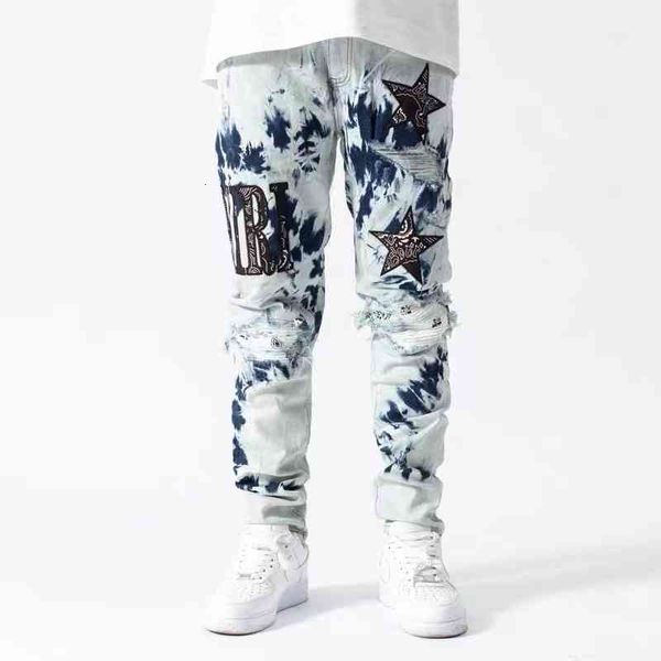 

men's jeans europeu e americano de alta qualidade rua laÃ§o-tingido bordado rasgado calÃ§as jeans casual magro estilo masculino tamanho 4, Blue