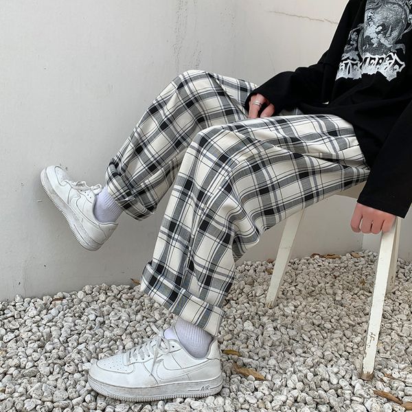 

2021 spring summer plaid men's fashion retro casual men streetwear straight wide leg pants mens trousers ip4e, Black