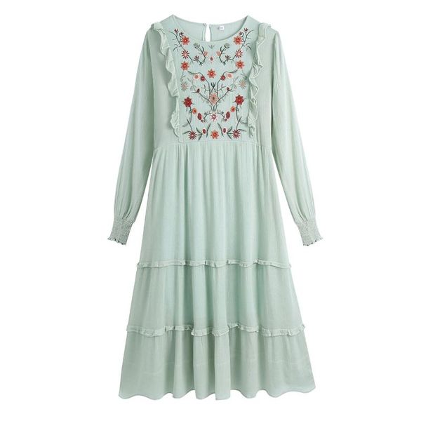 

casual dresses jastie nice women summer dress round neck long sleeve chest flower embroidery ruffle midi bohemian beach party green, Black;gray