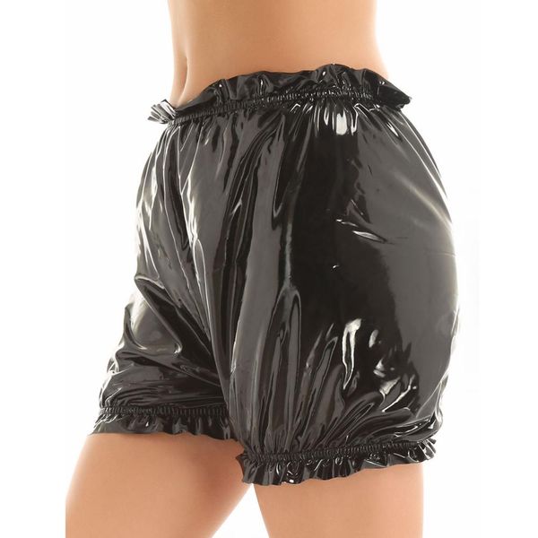 

women latex short pants clubwear bodycon booty shorts panties ruffled wet look patent leather boxer underwear mini ants, Black;white
