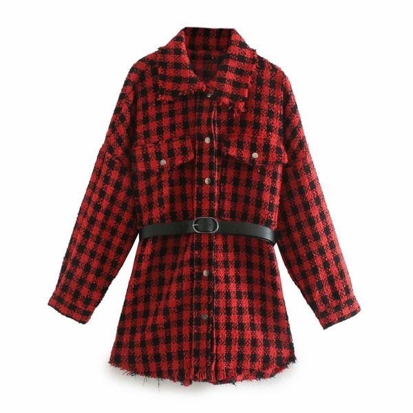 

2021 new fashion with belt tweed jacket coat women long sleeve frayed tassel female outerwear chic plaid pocket b633, Black;brown