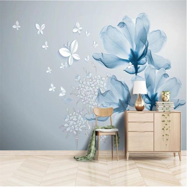 

wallpapers blue flower 3d three-dimensional background wall simple european