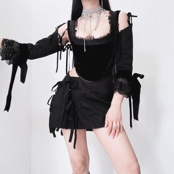 

mall goth lace black crop y2k gothic lace patchwork long sleeve t shirt women chic aesthetic bandage hollow out, White