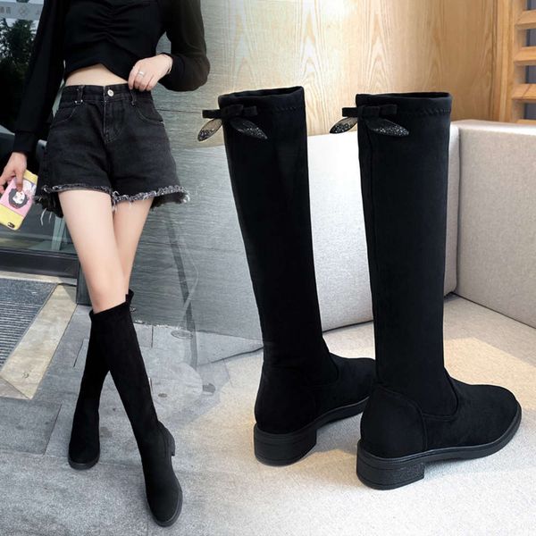 

elastic women's under the knee 2020 new middle high thin thick soled suede riding boots, White;red