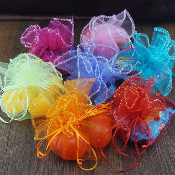 (50 pices / lote) cor aleatória cor de jóias embalagem redonda de presente de casamento malotes sachet organza embalagem sacos