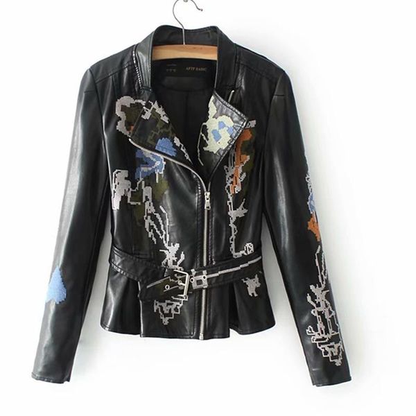 

women's leather & faux embroidered jacket female 2021 spring and autumn fashion heavy embroidery long-sleeved belt h00596, Black