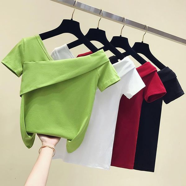 

short sleeve t-shirt cotton summer off one shoulder 2021 t shirt women white casual korean chic tee shirt femme
