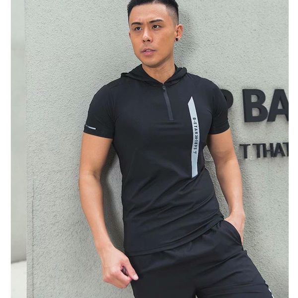 

men's t-shirts summer sports t-shirt short sleeve hoodie half zip running wear fitness quick dry top, White;black