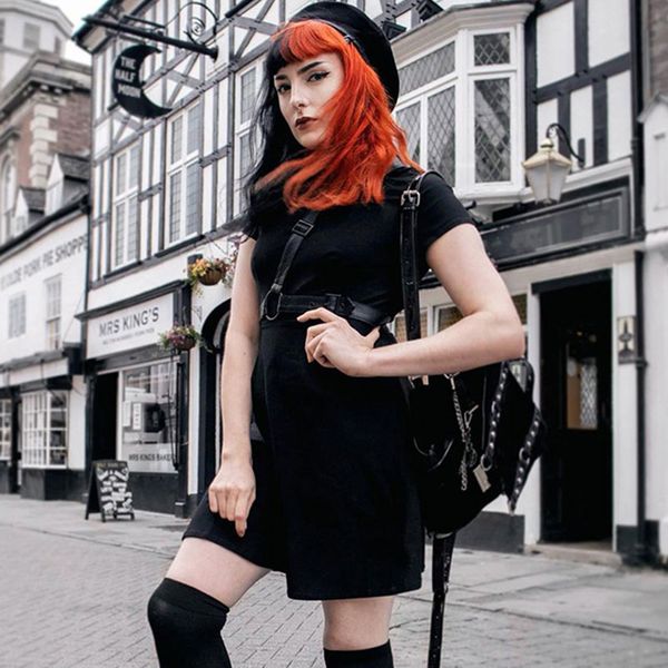 

harajuku black shirt dress punk gothic slim belt dresses grunge hip hop short sleeve high waist mini dress women summer, Black;gray