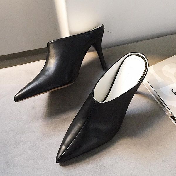 

pointed toe thin heels female shoes slippers soft luxury slides heeled mules shallow 2021 comfort designer high sweet basic pump, Black