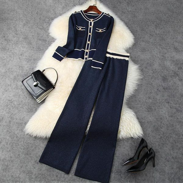 

women's two piece pants 2021 autumn winter women knitted sweater cardigan elegant set single breasted high waist wide leg navy blue, White