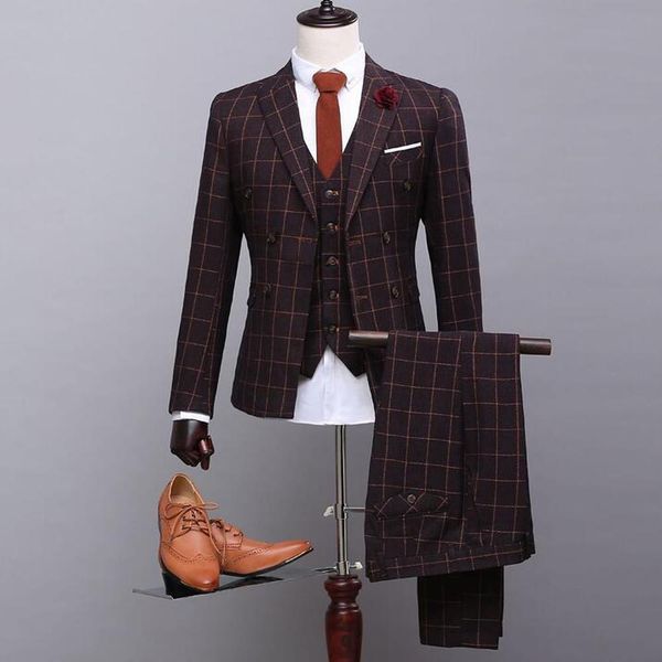 

2021 autumn male pieces british plaid formal business suit for men slim fit costume homme mariage set 43rf, White;black
