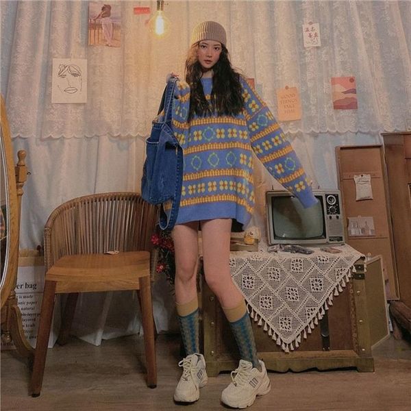 

autumn and winter lazy women sweater style japanese loose long sleeved vintage oversized wild striped knitted top, White;black