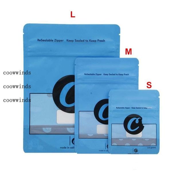 

s m l 3 sizes 28g 7g 3.5g blue cookies zipper smell proof bags packaging stand up pouches dry herb child proof