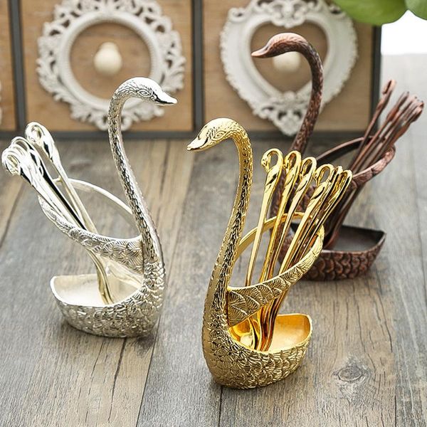

7pcs swan fruit base holder forks set stainless steel salad dessert forks coffee spoon cake tableware zero waste talher flatware