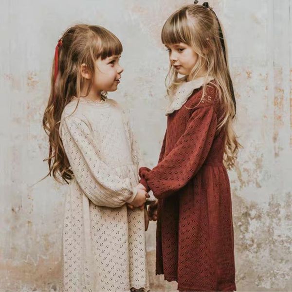 

girl's dresses 5428 2021 knitted girls' dress autumn and winter hollow out girl sleeve cotton 1-9years kids clothes, Red;yellow