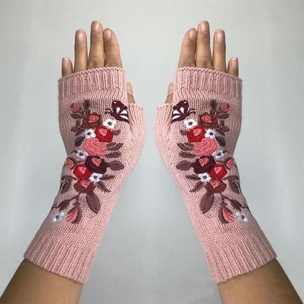 

five fingers gloves butterfly flower mittens handmade embroidery autumn winter women' warm hand hook wool knitted adults, Blue;gray