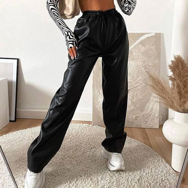 

women's pants & capris tbay fashion casual pu leather women elegant full length wide leg trousers elastic waist ladies, Black;white