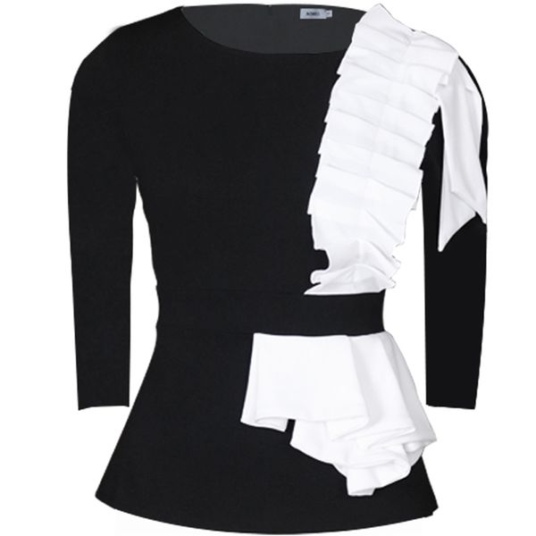 Ruffles Mulheres Camisa Blusa Nove Quarter Sleeve O Pescoço Preto Branco Retalhamento Lady Party Tops Cintura Elástica Grande tamanho 210527