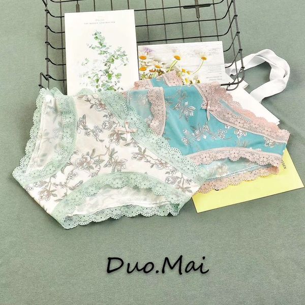 

milk silk low waist lace edge women's pure cotton crotch briefs broken flowers, Black;white