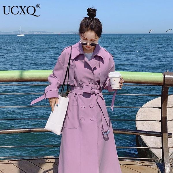 

women's trench coats ucxq woman trech long sleeve lapel with sashes solid windbreaker coat slim casual style 2021 autumn fashion korean, Tan;black