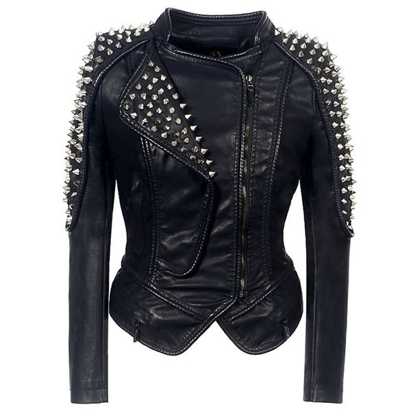 Frauen Lederjacke Neue Spikes Sterne Slim Bimetall Silber Niet Metallic Jacke PU Punk Biker Ledermäntel SX01 Y201006