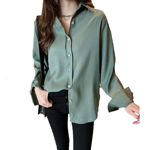 

occasional silk cetin shirts long sleeve lapel women single-breasted basic solid color fine clown new spring 2021 autumn d185 bfst, White;black