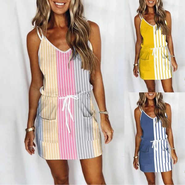 

casual dresses women's fashion dress v-neck lace up pockets sleeveless strap midi open back cozy color matching loose vestido, Black;gray