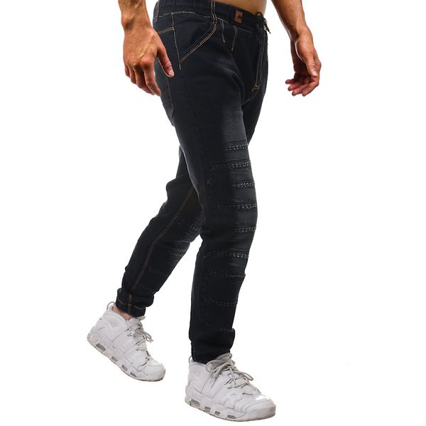 

men casual jeans fashion washed distressed pleated drawstring straight slim jeans spring and autumn new men denim pants trousers, Blue