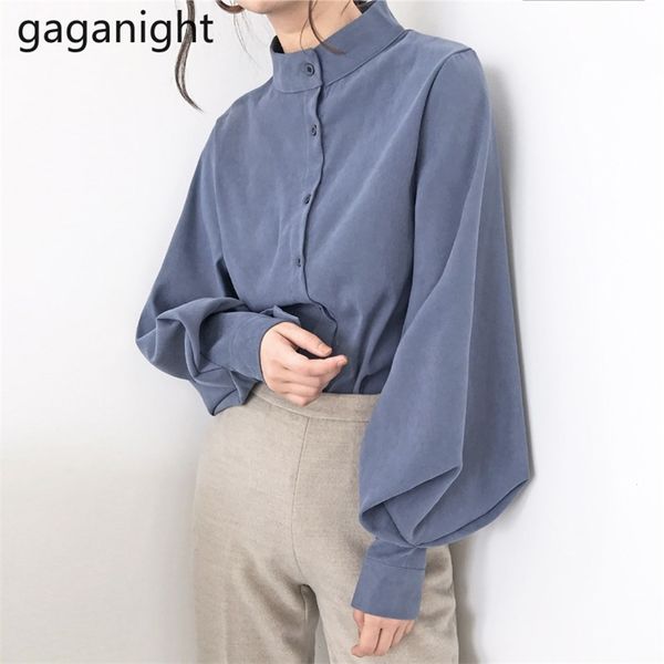 

womens and blouses solid color deerskin blouse stand collar office shirt lantern sleeve blusas mujer de moda 210601, White