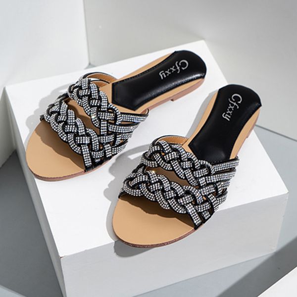 

women slippers rhintone braided cross decoration upper open toe flat outdoor one font sandals large size 42 sho, Black