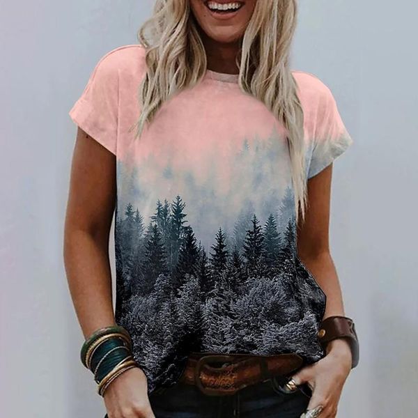 

women's t-shirt fashion harajuku tee summer landscape printed short sleeved round neck t shirt casual loose ladies shirts 2021, White