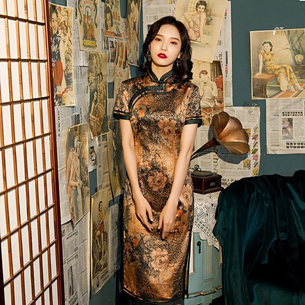 

ethnic clothing spring summer ice silk short sleeve broadside cheongsam female chinese printed qipao elegant traditional oversize 4xl, Red