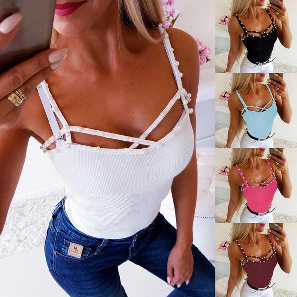 

camis women fashion sling pearl beading camis female solid color slim summer new cropped feminino, White