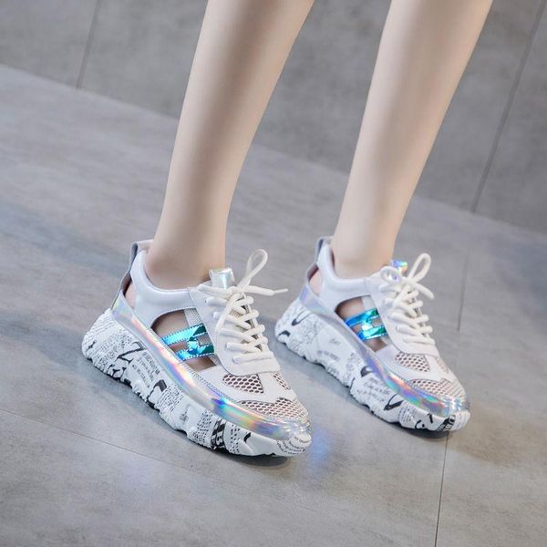 

women breathable platform sandals 2021 summer hollow out high heels sneakers sandals casual fashion wedges shoes, Black