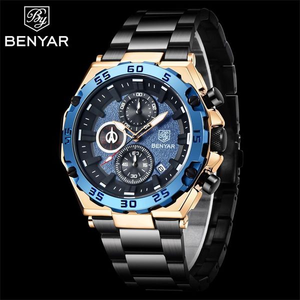 

wristwatches 2021 benyar design men's quartz watch multi-function sports chronograph stainless steel waterproof clock luxury relogio, Slivery;brown