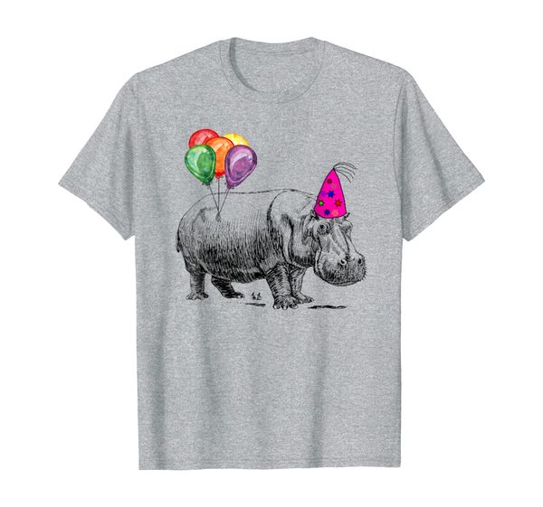 

hippo wearing a birthday hat with party balloons par t shirt, White;black