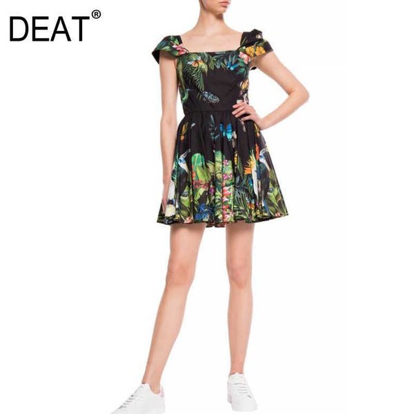 

[deat] summer fashion square collar high waist short sleeve printing a-line elegant loose dress women 210527, Black;gray