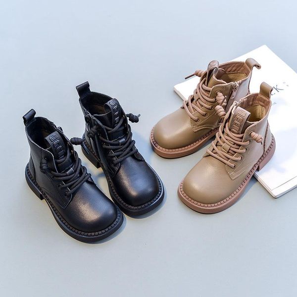 

boots 2021 spring and autumn children genuine leather soft sole kids khaki lace-up short for girls size 26-37, Black;grey