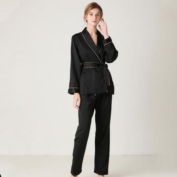 

pajamas set women's silk long sleeve robes with long pants high-grade womens pajamas set solid color lace two-piece pjs women, Black;red