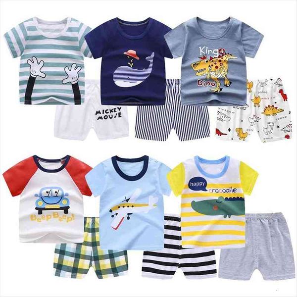 

childrens short-sleeved suit 2 piece set boys girls cotton cartoon clothing baby clothes summer dinosaur pajama outfit, White