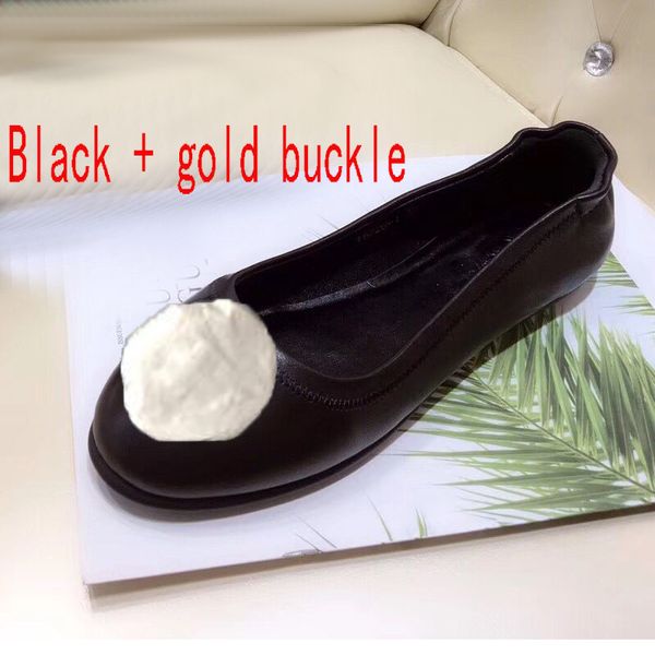 

classic designer-woman ballet shoe 100% genuine soft leather lazy woman dress shoes metal buckle classic sheepskin flat boat shoess large si, Black