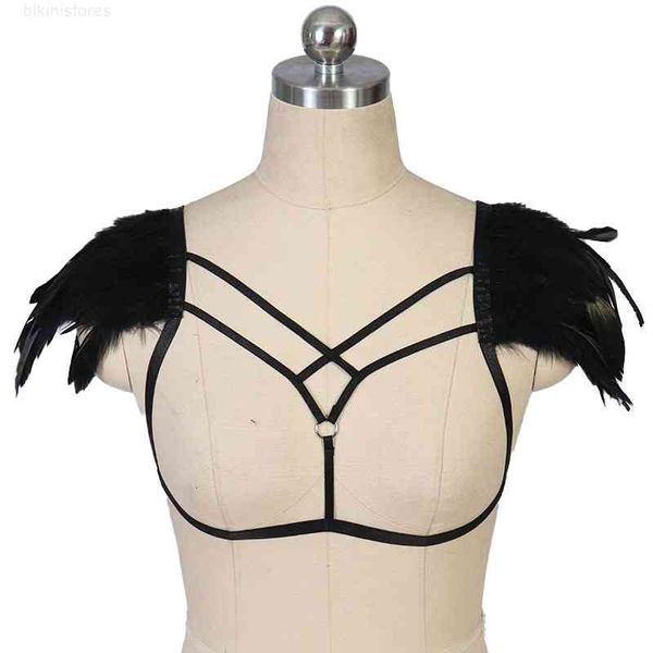 

harajuku gothic punk feather harness bra night dance uniform temptation hollowed out underwear, Black;white