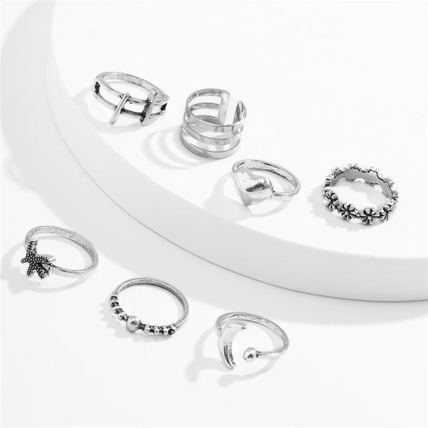 

hollow moon starfish heart finger rings geometric multi-element flower alloy opening ring women punk hip hop party hand jewelry sets europea, Silver
