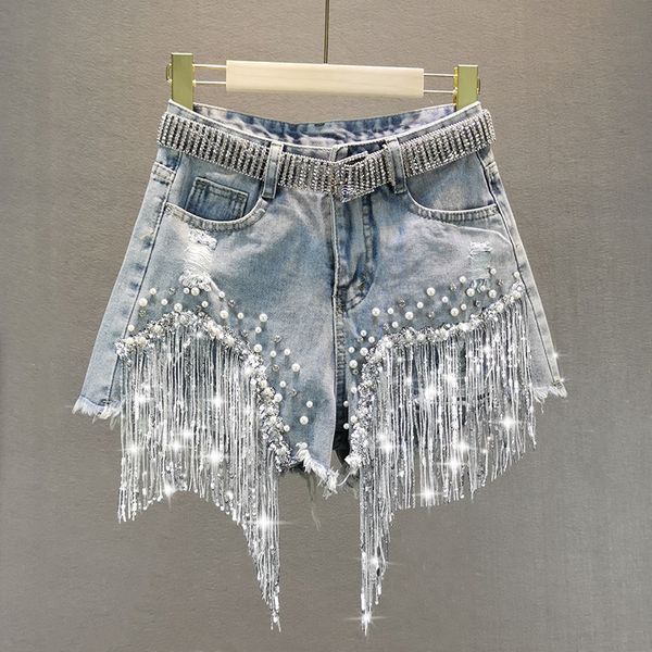 

woman denim shorts summer female wear high waist slimming heavy beaded sequin fringed ripped wide leg pants jeans hot, White;black